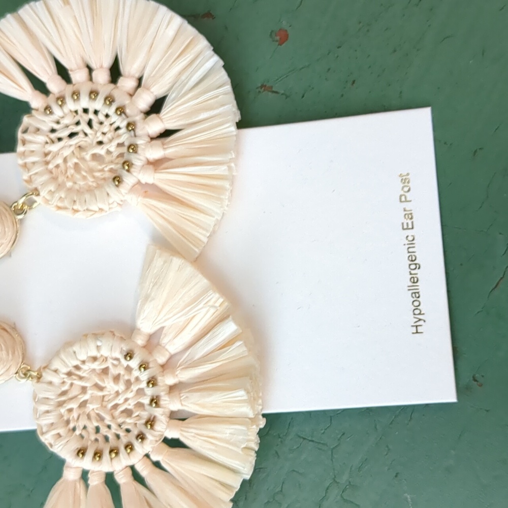 NWT J. Crew Fan Statement Earrings, Raffia Boho Beachy J.Crew Factory - Picture 3 of 6